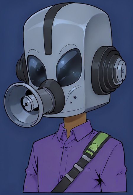 marker \(medium\), traditional media, solo, intricate details, high quality, score_9,score_8_up,score_7_up,score_6_up,score_5_up,score_4_up, source_cartoon, wearing gashelm, solo, helmet overlapping face, simple background, 1boy, upper body, male focus, purple collared shirt, blue background, dark-skinned male, flat colors, neck, shoulder strap