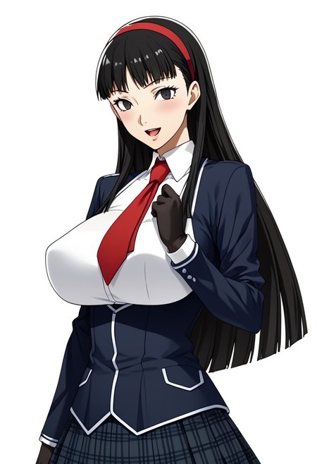 score_9,score_8_up,score_7_up,source_anime,5_figner,2d_animation,game cg,BREKE,
yukiko amagi,long hair, black hair, hairband, black eyes,1girl,solo,
KA school uniform,long sleeves,pleated skirt,  black gloves,red necktie,black pantyhose,
gigantic breasts,thick hips,thick thighs,thick waist,disproportionate breasts,huge areolae,
covered erectile nipples,covered the breast,curves,glamour,blush,smile,upper body,open mouth,
simple background,white background,
masterpiece,best qualit,ultra-detailed,illustration,an extremely delicate and beautiful,beautiful detailed eyes,unity 8k wallpaper,high resolution,anime CG,official_art,