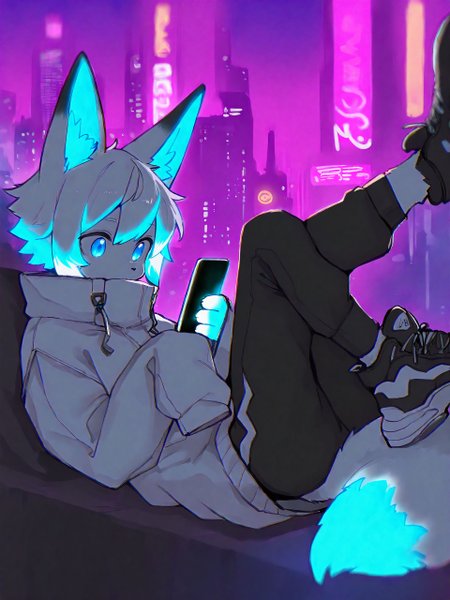 <lora:GENESIS_MK0.2:0.8>, <lora:LK149_style_for_illustriousXL:0.8>, LK149, <lora:Glowing_Spot_Color_-_Illustrious:0.6>, glowing eyes, streaked hair, glowing inner hair, glowing streaks,
furry, furry male, tail, animal ears, 1boy, male focus, black pants, pants, phone, solo, shoes, blue eyes, cellphone, holding, holding phone, sleeves past wrists, white hair, fox tail, lying, on back, animal ear fluff, black footwear, jacket, white fur, fox ears, city, high collar, neon lights, sleeves past fingers, looking at phone, legs up, smartphone, short hair, sneakers, building, fox boy, body fur, long sleeves, cityscape, white jacket, animal nose, skyscraper, blurry