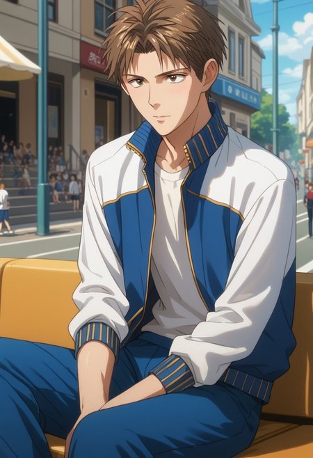 score_9, score_8_up, score_7_up, source_anime, rating_safe, Horikun, 1boy, male focus, anime screencap, blue open track jacket, open clothes, white shirt, long sleeves, blue pants, sitting,