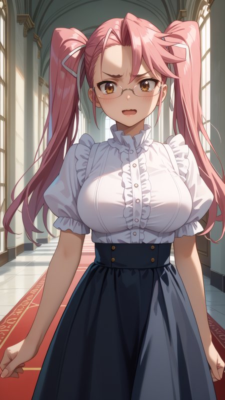 score_9, score_8_up, score_7_up, 1girl, solo, looking at viewer, anime coloring, cowboy shot, 
<lora:Saya_Takagi_Dwnsty:0.8>, saya_takagi, pink hair, brown eyes, long hair, twintails, hair ribbon, glasses, frilled shirt, white shirt, black skirt, puffy short sleeves, center frills,
lips, large breasts, skindentation, blush, light smile, embarrassed, adjusting clothes, open mouth, wavy mouth, 
indoors, red carpet, mansion, hallway, marble \(stone\),