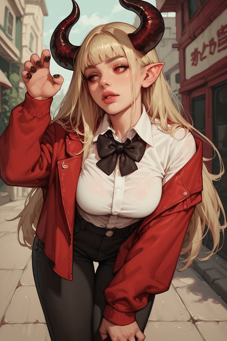 1girl, horns, blonde hair, solo, bow, black nails, jacket, long hair, suit, black bow, bowtie, claw pose, blurry background, formal, pants, shirt, white shirt, blurry, red eyes, outdoors, demon horns, red jacket, looking to the side, nail polish, breasts, leaning forward, fingernails, black bowtie, , open jacket, open clothes, makeup, hair over shoulder, zPDXL3, detailxl,  Score_PnyReal