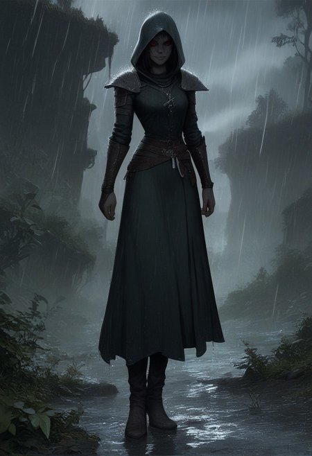 score_9, score_8_up, score_7_up, 
1 girl, ((dunmer)), skyrim dark elf, elder scrolls, dunmer wizard wearing robes standing outside in rain in fantasy landscape. 
Full body view. ((dark grey ashen skin)), drow with dark grey skin, dark grey small lips, small nose, (((large dark red eyes, no sclera))), narrow slender face, pronounced cheekbones, feminine, pretty, subtle seductive smile, facial tattoos, (wearing black sorceress robes, wearing wizard robes, battlemage outfit)), 
((outside in rain, raining)), wet, alien plants in background, cliffs in background. 
photo, raw, fantasy, concept art, realistic