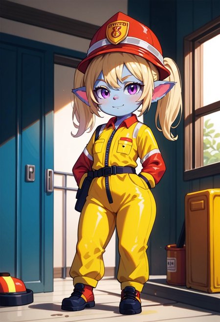 score_9, score_8_up, score_7_up, full height, Portrait,EasyNegative, (1girl), (detailed),yordle, shortstack, short girl,purple eyes, blonde hair, twintails, blue skin, colored skin,firefighter costume, room,
