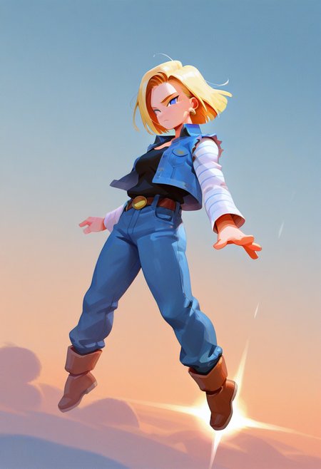 sp3,  masterpiece, best quality, solo, android 18, flying through the sky, denim jacket, warm colors, 