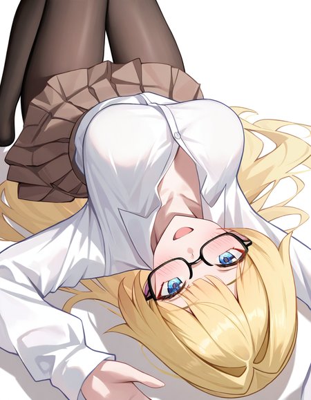 1girl, 
ruozhishi, looking at viewer, solo, glasses, black-framed eyewear, school uniform, medium breasts, brown skirt, :d, white shirt, black pantyhose, dress shirt, white background, feet out of frame, blush, pantyhose, open mouth, breasts, simple background, knees up, no shoes, blonde hair, very long hair, skirt, smile, signature, lying, long hair, long sleeves, sleeves past wrists, on back, collared shirt, pleated skirt, arm up, shirt, blue eyes,
masterpiece, best quality, very aesthetic, newest, absurdres, incredibly absurdres
 <lora:ruozhishi:1>