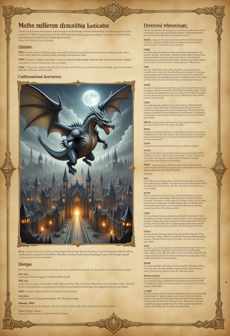 masterpiece,
the image is mostly a dramatic scene of  ominous dragon flying over a fantasy castle, with parchment and text only at the side, 
metal dragon, lizard-like and non humanoid body, dragon made out of dramatic and gleaming and ominous metal, silver and chrome and matte black metallic armor, dragon in dramatic pose, wings spread out and flying over a gothic castle, fiery and ominous dark gothic fantasy scene, 
at side is parchment d&d character sheet, 
 a character sheet of a dragon with detailed text describing stats and skill, english text, fantasy, 
D&D character Sheet, parchment paper, rpg stats, torn paper, 
lots of text in neat paragraphs,in print too small to read and much worn out from age, several paragraphs listing his attributes like on a D&D character sheet, including "STR" & "DEX" & "CON" & "INT" & "WIS" & "CHA", and "AC", and "HP", the numbers and stats are too blurred to read clearly, at top of parchment is large text "NAME malferrum Draconis Loricatus", and beneath that is large text "CLASS Lormenthus Aegidraconis", and in middle of parchment in large text "also known as Urulókë Lótarwa, by the elves he hunts, and Glaurvras Drambor, by the dwarfs he chased out of their ancestral kingdom"