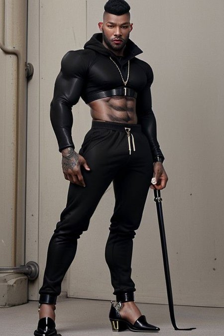 Gay Caucasian man, masculine, hairy, black colour rubber, tight tracksuit, high stiletto heels, chains,  tiny man, hold a spread flag