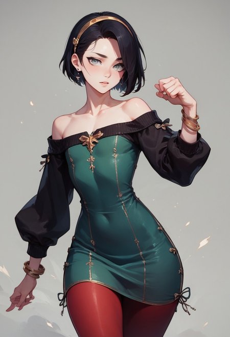 score_9, score_8_up, score_7_up, 1boy, femboy, otoko no ko, short hair, bob cut hair, black hair, grey eyes, gray eyes, feminine face, toned body, Shelly, 
bodycon dress, sweater dress, wool dress, green dress, sleeves, collarbone, red pantyhose, embroidered pantyhose, earrings, bracelets, hairband with bow, 
highly detailed, intricate, zzCitronCAT, model pose, modelshoot