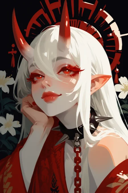1girl, (white skin:1.2), horns, colored skin, pointy ears, solo, red hair, chain, collar, multicolored hair, long hair, spikes, white hair, flower, spiked collar, oni, two-tone hair, black background, white flower, upper body, smile, red eyes, red eyes, bare shoulders, closed mouth, single bare shoulder, tattoo, off shoulder, eyelashes, head rest, looking at viewer, hair between eyes, black collar, collarbone, lips, looking up, colored eyelashes, red eyelashes, red nail polish, red kimono, off shoulder, looking away, breasts, pale skin, zPDXL3,  PnyCmicXLPOS, detailxl,  (lineless, vector art:1.5)