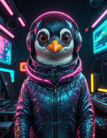 (ombre color scheme of neon pink, neon blue, neon green, neon yellow, neon yellow-red) (in the style of Zdzislaw Beksinski:1.2) (cute:1.25) (anime penguin:1.75) wearing a space helmet sitting at command chair with the lights of the consoles behind, in the style of sci - fi environments, glo - fi, aesthetic, comic, beeple, space background <lora:another-bored-particle:0.55>  <lora:add-detail-XL:0.65>, subsurface scattering, ultra hd, 4k, high def, Photorealistic, Hyperrealistic, Hyper detailed, analog style, realistic, masterpiece, best quality, ultra realistic, 8k, Intricate, High Detail, film photography, soft lighting,  heavy shadow