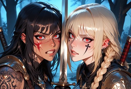 highres, very detailed, amazing quality, masterpiece,
very aesthetic,
particle effect, particle effects,

2girls, tan skin, warriror, knight, holy knight, long braided hair, Black hair, red eyes, perfect eyes, scars, scars on face, blonde highlights in hair, beautiful, Large breasts, perfect body, muscle tone, cross tattoo, cross tattoo on cheek, tattoos, arm tattoo, leg tattoo, neck tattoo, piercings, armor, tabard, red and black tabard, armor plating, jewelery, enchanted armor, engraved armor, curvy, 

fighting in a dark forest, foreshortening, intense, battle rage, anger, gritting teeth, night, at night, dark forest, dark, foggy, witchcraft symbols hanging from tree, symbols carved into trees, ritural markings, ominous, eerie,  

(action shot, sword fight, 2 swords hitting each other, crossed swords:1.1), ((Face Focus, close up))