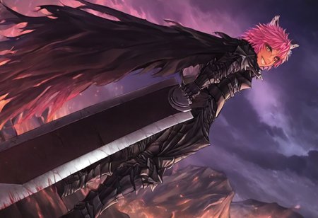 masterpiece, very aesthetic, anime screenshot, 1girl, Pink_PonyXL, DragonSlayerSword-Il.V1.0, black armor, shoulder armor, gauntlets, greaves, bandaged arm, black cape, torn cape, bright pink hair, cat ears, scar on nose, cat bell around neck, tanned, white tiger tail, small breasts, femine body, smiling, singje fanged tooth showing, standing, looking at viewer, side view, wielding-dragonslayer, huge weapon, sword, holding sword, holding weapon, full body, zoomed in on pink_ponyxl, Dutch angle, cowboy shot 
Break
City of hyrule on fire, at night