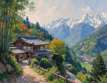 <lora:OBä¸­ä¸çºªæ²¹ç»v1.1:1> OByouhua, oil painting
oil painting of japanese house in a mountainous landscape,  snow peaked mountains in background, bamboo,