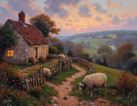 <lora:OBä¸­ä¸çºªæ²¹ç»v1.1:1> OByouhua, oil painting
oil painting of a cozy british cottage on a hilly, sheeps, wooden fence,, foggy, cloudy sky,  garden and trees, window lit,