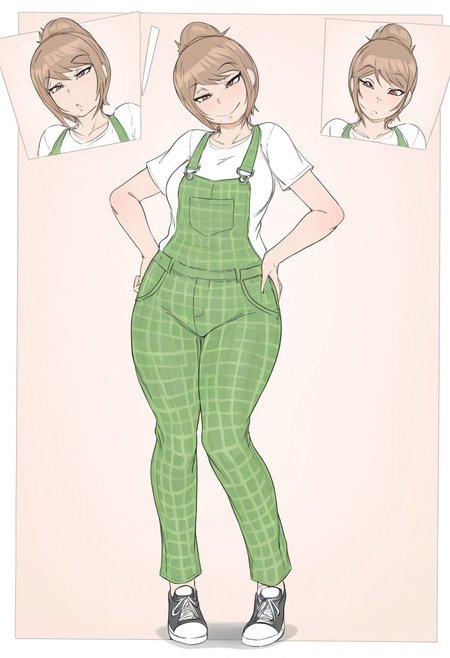 a relaxed, casual woman, slightly downturned eyes. Long light brown hair, wearing an oversized white t-shirt with green plaid pajama pants. standing idly, hand on hip, casual, self-aware vibe. Clean lines, soft muted color palette, minimal but effective shading, stylized proportions highlighting her eyes, mouth, eyebrows, and overall expression. 

Tags: white t-shirt, green plaid pajama pants, masterpiece, casual, relaxed, laid back, chill, authentic, lazei, Lazei, dynamic pose, foreshortening, extreme perspective, head tilt, close up, face shot, framed face, portrait, zoom in, character sheet, reference sheet, expressions, detailed, perfect, 4K, high quality, expressive, functioning face