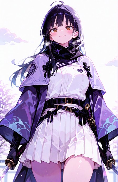 perfect quality,high quality,masterpiece,best quality,amazing quality,very aesthetic,Cinematic Lighting,newest,Tactical use of shadow,
<lora:Yamada Anna_Illustrious by Cyql:1>,yamadaanna cyql,1girl,blush,long hair,black hair,brown eyes,
weapon,looking at viewer,ahoge,skirt,scarf,sword,bow,holding,holding weapon,haori,black bow,katana,belt,ribbon,holding sword,white skirt,cowboy shot,japanese clothes,jacket,open clothes,pleated skirt,long sleeves,kimono,sky,standing,closed mouth,gloves,black scarf,shirt,white background,purple theme,wide sleeves,dress,miniskirt,blurry,open jacket,capelet,breasts,lens flare,white dress,outdoors,smile,cloud,
<lora:spo_sdxl_10ep_4k-data_lora_webui:0.6>,<lora:USNR STYLE_XL_loha:0.45>,usnr,<lora:MGE_V5.3:0.6>,<lora:GBF_Illustrious:0.4>,gbf_style,<lora:748cmSDXL:0.8>,748cmstyle,<lora:ponyv5_noobV065S_1_adamW:0.7>,