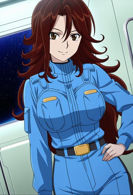 general,highres, ultra-detailed,very aesthetic,best quality ,best hands,best eyes,easynegative,
dynamic anglre, dutch angle, anime cloring,anime screencap,
1girl solo,looking at viewer,space ship, smile,hand on hip, 
Sumeragi Lee Noriega,brown_hair, long_hair, wavy hair, brown eyes, huge_breasts,pilotsuits,