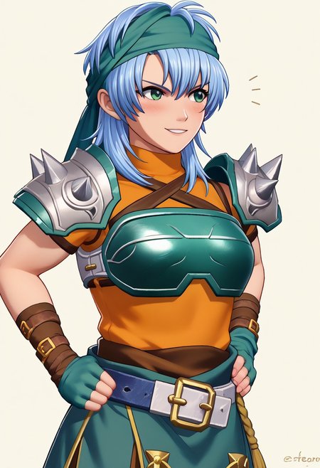 score_9, score_8_up, score_7_up, source_anime, 1girl, solo, blush, smile, hands on hips <lora:zs_FEWarriorsPortraitsXL:1> fewarriorsportraits, portrait, white background,  <lora:feechidna-pdxl-nvwls-v1-000005:1> feechid, light blue hair, green eyes, green bandana, green armor, shoulder armor, breastplate, orange shirt, shoulder spikes, belt, green skirt, bracelet, green gloves, fingerless gloves, black pants, fit