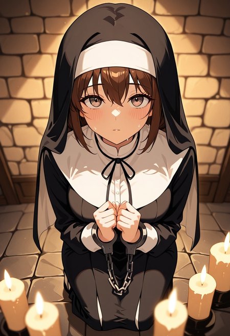 masterpiece, best quality, good quality, very aesthetic, absurdres, newest, 8K, depth of field,  in the style of cknc, artist:moriimee, in the style of cksc, 
1girl, short brown hair, hazel eyes, medium breasts, perky, tattered habit, iron shackles, sweaty skin, kneeling in prayer, looking up, from side
BREAK
dim monastery, stone walls, candles flickering
BREAK
warm light, high contrast, soft focus, golden hour lighting, rich details, somber glow