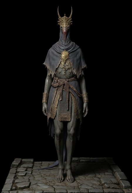 malformed hobo Miner lizardman in a roman soldier armor mixed with legionnaire attire, cobra and crocodile shaped skull, elongated neck,  horse hoofs instead of legs
Standing on a flat ground
Set against a solid dark black color background to emphasize its unsettling unnatural form that emphasizes its silhouette. The medium is not a traditional painting or illustrative medium like watercolor or ink but rather a digital 3D rendering.
MikeFranchinastyle, bbstyle,, horror theme,, ZBClay model of a gray sculpture, zbrush, d4arks0uls, overcast lighting