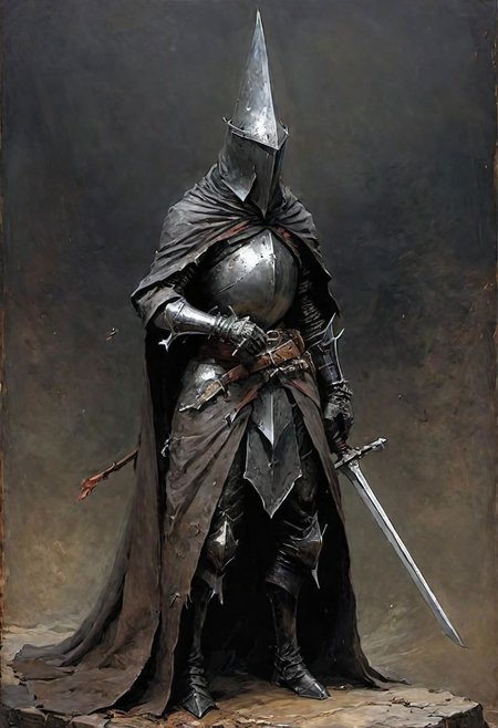 videogame art of (((Abyss Watchers)))
wearing (ragged, brigand, holding a giant metal sword,  leather tunic, metal plates and cloth, pointy shaped helmet, sewn together), gothic, legion,  by Jean-Baptiste Monge and Nicola Samori, Nazgul from lord of the rings