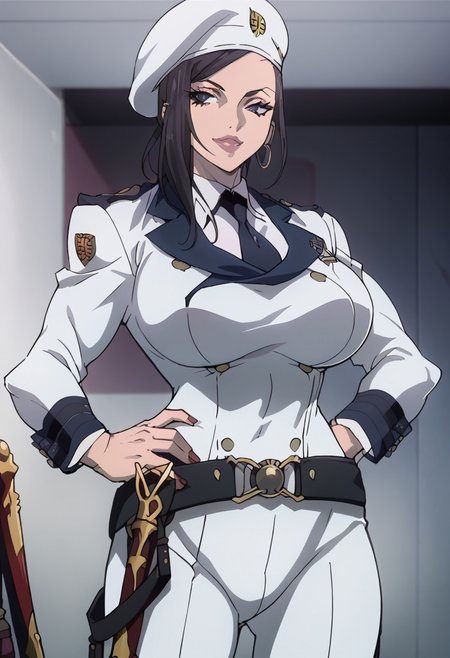score_9, score_8_up, score_7_up, score_6_up, BREAK, 
mkna, standing, hand on hip, wearing (dark military_uniform, beret, tie, white pants, belt, sword), sheath, hoop earrings, large breasts,
torso, beautiful face, (revealing clothes), (tight outfit: 1.3), tall girl, sexy smile, abs, very fit, muscles, toned, huge breasts, slut, whore, round breasts, breasts together,
