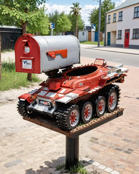 a (miniature) vtnktnk tank on a post being used as a mail box, dslr, 8k, beautiful, hyper realistic <lora:vtnktnk_SDXL_v1_32-000015:1> <lora:M0nstrcrz_SDXL_v1_32:0.5> <lora:retr0magz_SDXL_v1_32:0.5>