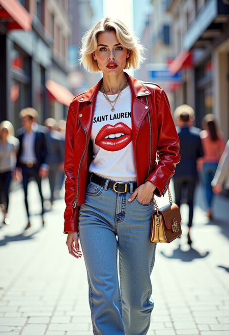 A highly detailed and artistic image of a stylish young woman confidently walking down a city street. She has short, chic blonde hair and striking makeup with bold, dark lipstick. She is wearing a white graphic t-shirt with a playful "SAINT LAURENT" print featuring red lips, tucked into high-waisted, light blue, wide-leg jeans that give her a retro-inspired look. Over her t-shirt, she wears a vibrant red leather jacket with silver zippers and buttons, adding a bold contrast to her outfit. She accessorizes with a thin black belt that cinches her waist, and carries a small, elegant gold handbag with a chain strap, which complements her gold heels. Her footwear consists of sleek, gold high-heeled pumps that add a touch of glamour to her ensemble. The background features an urban setting with modern buildings and a bustling street, providing a dynamic backdrop that highlights her fashionable attire. The lighting natural and bright, casting soft shadows to enhance the textures and details of her clothing and accessories. The image captures her confident and poised demeanor, with her gaze directed slightly away from the camera, adding a sense of movement and elegance to the scene. The overall aesthetic highly artistic, with a focus on fashion and urban chic. 1980s, fashion shoot, designer clothes, aerobics, punk chic, power dressing, oversized.  <lora:FLUX.1-DEV_-_Wild_1980s_Fashions_LoRA:0.8>, <lora:realism_lora:1>, hyp3rd3tail style <lora:hyper-detail-illustration:0.4>