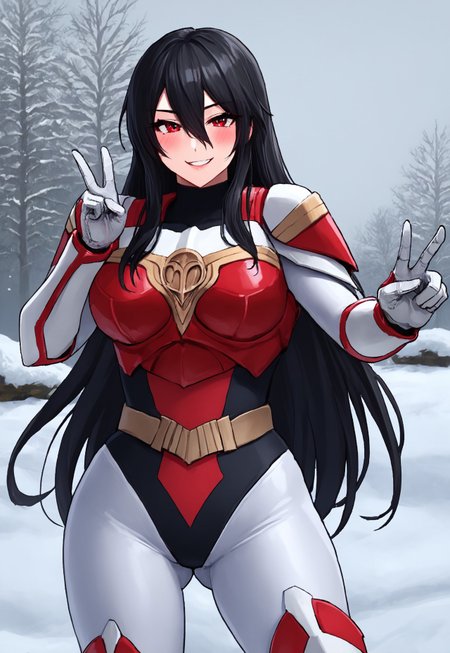 score_9, score_8_up, score_7_up, source_anime, zPDXL, zPDXLpg, <lora:offset_0.2:0.1>, <lora:spo_sdxl_10ep_4k-data_lora_webui:1>,
1girl, solo, mature female,
sazermithras, white bodysuit, black leotard, belt, armor, white gloves, gauntlets, boots, <lora:Sazer_Mithras:1>,
black hair, very long hair, hair between eyes, red eyes, tsurime,
Seductive smile, blush, looking at viewer, facing viewer, cowboy shot, standing, two hand peace, ass visible through thighs,
Outdoor, winter, snowy town background 
