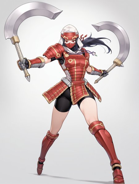 legendary six samurai - mizuho,solo,axe,red eyes,red mouth mask,purple necklace,holding axe,1girl,red armored gloves,red armored knee boots,red armored skirt,red breastplate,red shoulder armor,white shirt,dual wielding,white hood,black shorts,dual wielding, 
masterpiece,best quality,amazing quality,very aesthetic,absurdres,newest,<lora:Legendary Six Samurai - Mizuho illuXL v1:0.75>,