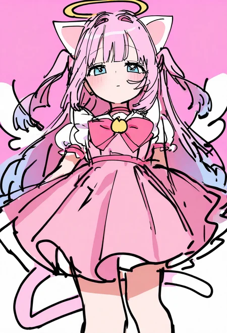 best quality, amazing quality, very aesthetic, absurdres, sketch,
BREAK
1girl, angel wings, animal ears, blue eyes, cat ears, cat girl, cat tail, dress, long hair,
looking at viewer, magical girl, pink hair, pink theme, solo, tail, wings, yume kawaii, yume ne,   <lora:DoodleNoob_byKonanV2:1>