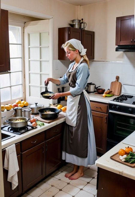 Ultra Realistic, full body shot,  Cinderella,  ,  housework everyday dress, white scarf in hair, preparing meal, in the 18's, , barefoot, multiple 
Singing