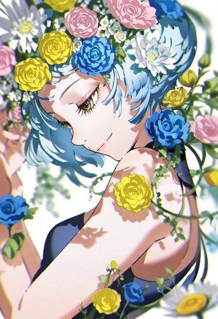 <lora:yoneyamaiXL_il_lokr_V53P1:0.95> 1girl, solo, flower, blue hair, blue flower, yellow flower, white background, from side, bare shoulders, upper body, eyelashes, hair flower, blurry, hair ornament, white flower, closed mouth, simple background, bangs, smile, pink flower, sleeveless