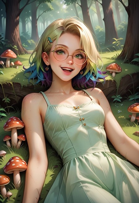 score_9, score_8_up, score_7_up, score_6_up, 
1girl, 25 years old, 
green eyes, looking at viewer, 
Mycelia, rainbow colored hair, candy hairclip, round glasses, freckles,
sundress, green sundress, white sundress, 
cowboy shot, dutch angle, 
forest, 
lying, on back, on ground, (mushrooms), holding mushrooms, laughing, drunk,