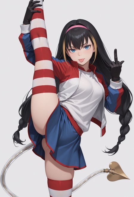 masterpiece,best quality,absurdres,highres,very aesthetic,high quality,detailed,insanely detailed,beautiful,perfect lighting, middle finger, \||/, standing, leg up, standing on one leg, leg lift, kneepits, split, standing split, flexible, cowboy shot, looking at viewer, white background, simple background, tongue out, middle finger
 <lora:Lessar illu:1> 1girl, black hair, multicolored hair, two-tone hair, long hair, twin braids, braid, pink hairband, blue eyes, jacket, multicolored clothes, striped clothes, black gloves, blue skirt, striped thighhighs, zettai ryouiki, mechanical tail, demon tail