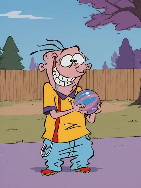 <lora:Eddy_-_Ed_Edd_n_Eddy_-_IL:1>, 1boy, solo, eddyboi, sc4m, yellow shirt, grin, outdoors, tree, pants, sky, fence, parody, Pixar, holding ball of candy, yandere-trance, staring at candy ball, drooling, salivating, dynamic angle