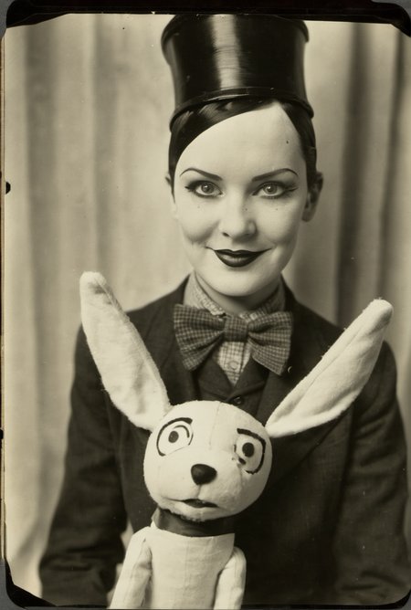 ((tintype, wetplate collodion))  Bizarre puppetfilm world,  1930s, strange vintage stop motion  dolls - (assasins) Louise Brooks, cult members, femme fatales, silly men, happy bunnies, circus, happy dogs, city streets, country side, 1930s, puppet film, stop motion, miniatures, marionettes, silly characters, funny stuff, happy happy. Vintage cars, stores, things, puppies, kittens, silly little ccreatures ((George Pal PuppetToon, Jiri Trnka)). Ground level, ((deep focus, aperture F32)). Very simple characters, little detail, like old puppet films. Realistic photography, stop motion photography.  Friendly muted colors, low contrast. Toonerville Trolley, Molly Moo Cow, Ub Iwerks, 16mm worn film, ViewMaster