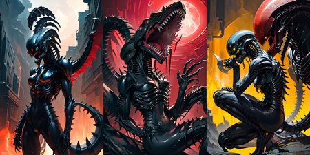 (otherworldly), highly insanely detailed, masterpiece, top quality, best quality, highres, 4k, 8k, RAW photo, (very aesthetic, beautiful and aesthetic), 
__lazy-wildcards/cosplay-char/alien-predator/xenomorph/prompts__, 
<lora:FemXeno:0.5>, 
(1girl:1.3), eyes focus, 
__lazy-wildcards/dataset/background__,âââ