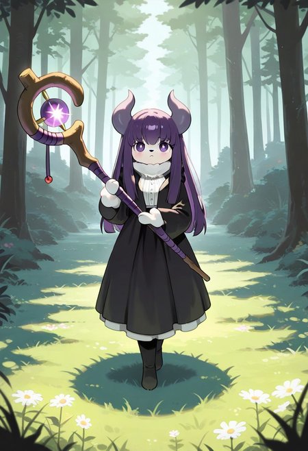 (masterpiece, best quality, high quality, highres), very awa, highres, absurdres,
pokemon, pokemon \(species\), (solo:1.2), full body,
(Indeedee0.75), (horns:0.3), 
(Fern \(Sousou no Frieren\):0.85), upset, holding magic staff, black dress,
fantasy forest meadow background,