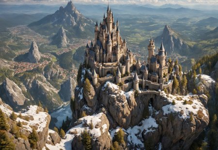 fairy tale castle on a (rock spire), mountain in background, best quality, masterpiece, illustration, realistic, photo-realistic, amazing, finely detail, incredibly absurdres, huge filesize, ultra-detailed, highres,