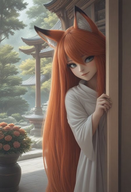 score_9, score_8_up, score_7_up, anime illustration, ultra high quality, perfection, young human woman with fox ears and fluffy fox tail. Human skin. BREAK peeking out, 1girl, upper body, Sakura  She she has red turtleneck dress with a slit, red hair. view of the Japanese garden with pagoda. 8K resolution