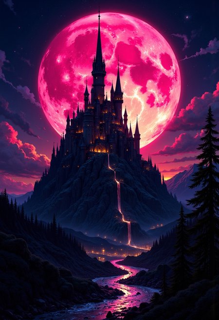 masterpiece, high detail, masterpiece, citadel silhouetted by giant dull magenta moon, great lighting, highest definition, HD32K, wallpaper, hyperdetailed, mythp0rt, photorealistic