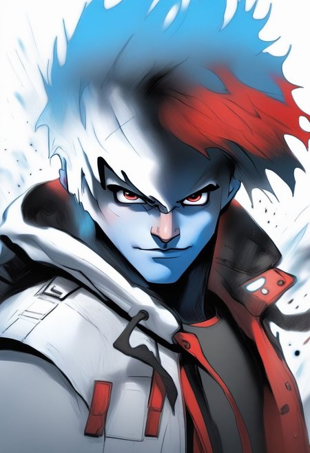Duskfallcrew Art Style, solo, blue eyes, shirt, 1boy, white background, blue hair, jacket, male focus, open clothes, pants, hood, hair over one eye, red jacket, grimace, frustrated look,  masterpiece, official art, best quality,