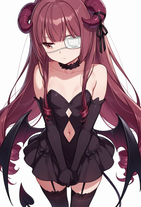 Smooth Quality,masterpiece,very intricate, high quality details, ultra realistic, high detailed skin,detailed enviorement,absurdres,
crossed fingers,
 <lora:Hanazono_Yurine_CNR:0.8> yurine_cnr, brown hair,very long hair, brown eyes, medical eyepatch, frown, 
yurine_succubus_cnr, demon girl, curled horns, demon wings, low wings, demon tail, navel cutout, black dress, strapless dress, elbow gloves,black thighhighs, garter straps,black choker, hair ribbon, simple background, white background, from behind,solo,, depressed,