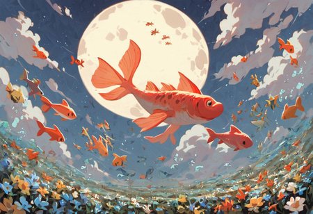 score_9, score_8_up, score_7_up, score_6_up,
nature background, flowers, flower, clouds, fields, flower field, night time, dark county side, moon in the sky, huge moon, glowing moon, white glow, horizon view, flat horizon 
flying fish, fish floating, fish swimming thriugh the sky, betta fish, multi colour fish,  swarm of fish, 30 fish, huge swarm of fish,fish ,Aquatic life, swarm of fish around a big fish, large goldfish, goldfish, large fish, dragon fish, dragon gold fish