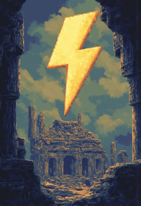Pixelart of a large floating yellow thunderbolt symbol above an ancient monument