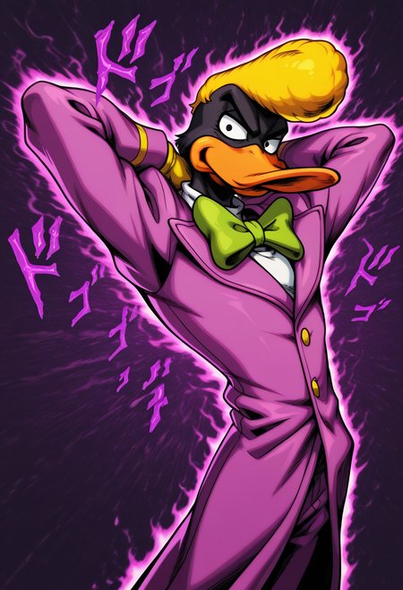 masterpiece, best quality, Graphic Design, color art, vibrant colors, colorful, intricate details, high contrast, detailed background, beautiful detailed, beautiful face, detailed eyes, detailed face, new, newest, z00td4ffy, 1boy, solo, male focus, furry, duck, black skin, beak, black eyes, yellow hair, pompadour, suit, formal, purple coat, yellow gloves, green bowtie, jojo pose, menacing, purple aura, cowboy shot, from side, leaning back, arms behind head,