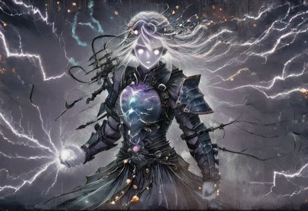 (Masterpiece:1.3), (best quality:1.2), (detailed background:1.1), (intricate details:1.1), (detailed background:1.2), 1girl, solo focus, standing, perfect anatomy, 
bleakfaith,
source_anime, night sky, dark cloud background, sky background, thunder on background, only purple lightning, purple sparks,
BREAK
watercolor, chinese,traditional,
BREAK
(purple hair:1.2),(pale skin:1.3), (purple skin:1.5),1girl,solo, mysterious, vivid color, shiny, (short purple hair), bob cut hair, purple eyes,glowing purple pupils, human ears, sparks from one eye,
laugh arrogantly,
BREAK
Clothes(dark suit,armor, lion chest plate), lightning, dark purple thunder, chinese style, 
spraks in hand,
BREAK
looking at the viewer, front view, full view,
best quality, ultra-detailed, absurdres, detail face, best quality, hires textures, high detail, (4k),incredibly detailed
NegativeDynamics,