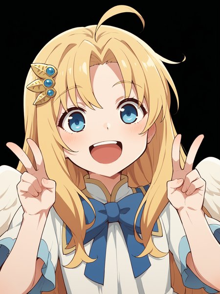 score_9, score_8_up, score_7_up, highly detailed, BREAK source_anime, <lora:last:0.6>, <lora:FilocXLPonyV1:0.7>,
cute girl, solo, firo \(tate no yuusha no nariagari\), Filoc, flat chest, blonde hair, blue eyes, long hair, ahoge, angel wings, white dress, blue bow, hair ornament, happy, open mouth, upper teeth only, double v,